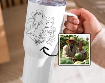 Mug de voyage personnalisé paysan et enfant, portrait dessiné au trait personnalisé à partir d'une photo, paysan avec enfants, cadeau photo dessin fils ou fille à papa