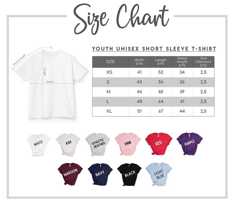 May include: A size chart for a youth unisex short sleeve t-shirt featuring a white t-shirt diagram with width and length labels, a table with measurements in cm for sizes XS to XL, and ten colour swatches labelled white, ash, athletic heather, pink, red, purple, maroon, navy, black, and light blue.