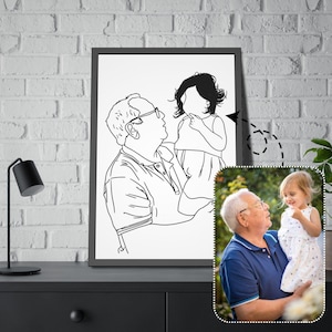 Personalized Grandpa and Granddaughter Photo Outline Framed Canvas, Custom Family Portrait, Grandfather and Child Line Drawing Birthday Gift
