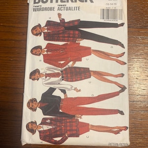 May include: A sewing pattern for a plaid blazer, skirt, and pants. The pattern is for sizes 12-14-16 and is from Butterick, Today's Tenués Wardrobe Actualité. The pattern number is 6352.