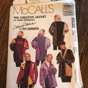 May include: A sewing pattern for a creative jacket. The pattern is from McCall's and is designed by Palmer Pletsch. The pattern includes four different views of the jacket, each with a different color scheme and fabric. The pattern is for sizes 16 and 18.