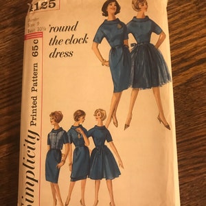 May include: Simplicity sewing pattern number 1125 for a junior size 9 dress with a 30 1/2 inch bust. The pattern is titled "round the clock dress" and shows four models wearing different variations of the dress.