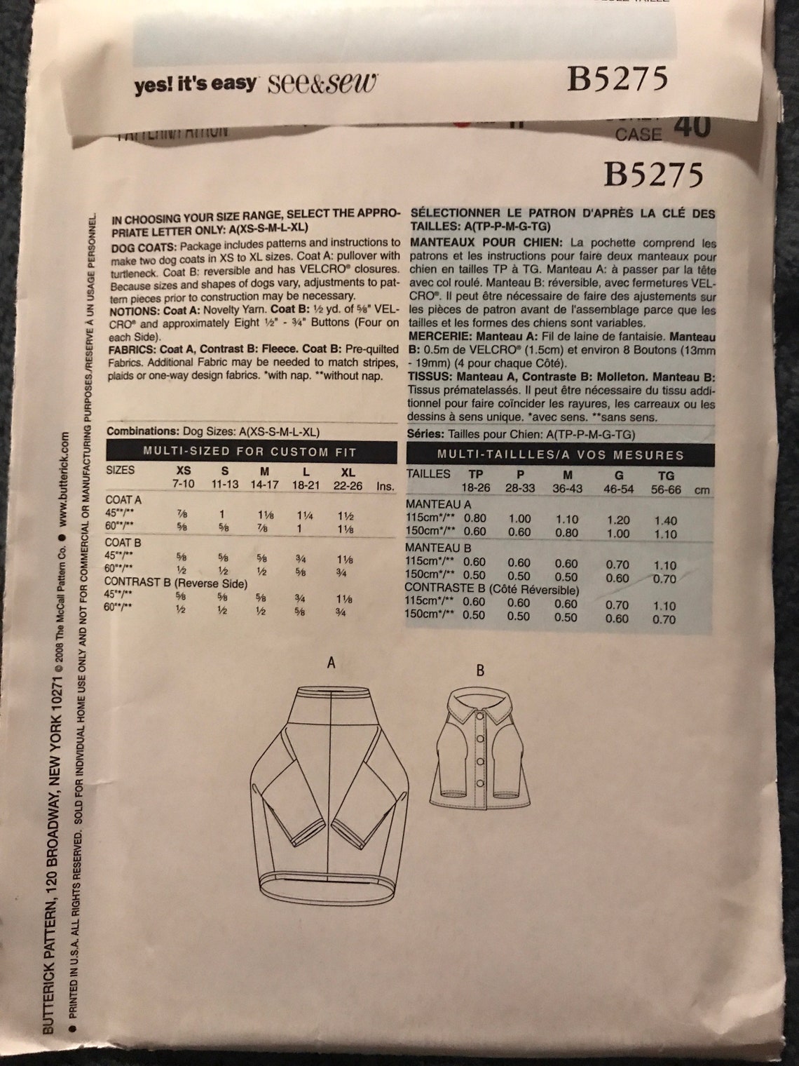 Butterick See& Sew 5275 dog coat pattern Etsy