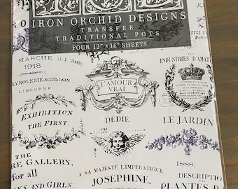 May include: A package of Iron Orchid Designs transfer sheets for traditional pots. The sheets are white with black and purple vintage-style graphics and text. Each sheet measures 12 x 16 inches.