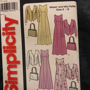 May include: A sewing pattern for a dress and jacket. The pattern is for sizes 8-18 and includes three different styles. The first style is a solid yellow dress with a plaid jacket. The second style is a solid pink dress with a solid pink jacket. The third style is a floral print dress with a solid pink jacket. The pattern is from Simplicity and is labeled "It's so easy."