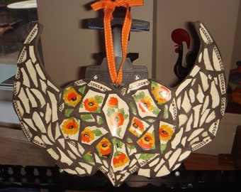 Original Pique Assiette Mosaic Hand Made Winged Heart Wall Hanger One of a Kind