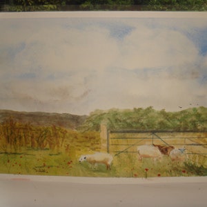 Original Signed Art Work Watercolour Painting A4 Sheep In The Countryside