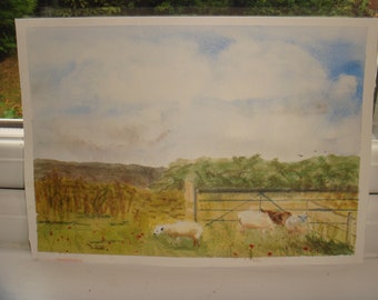 Œuvre d’art originale signée Aquarelle Peinture A4 Moutons à la campagne