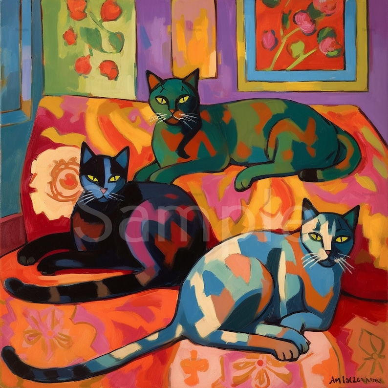 Henri matisse depicting his three cats lounging together in a cozy
