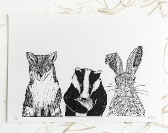 Wildlife Linocut print | fox, badger, rabbit | Handmade Limited Lino Cut Print | Housewarming Gift | Childrens room | Wall Art | Decor