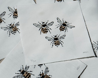 Mini Bee Lino cut print - linoprint - metallic gold detailed bee print