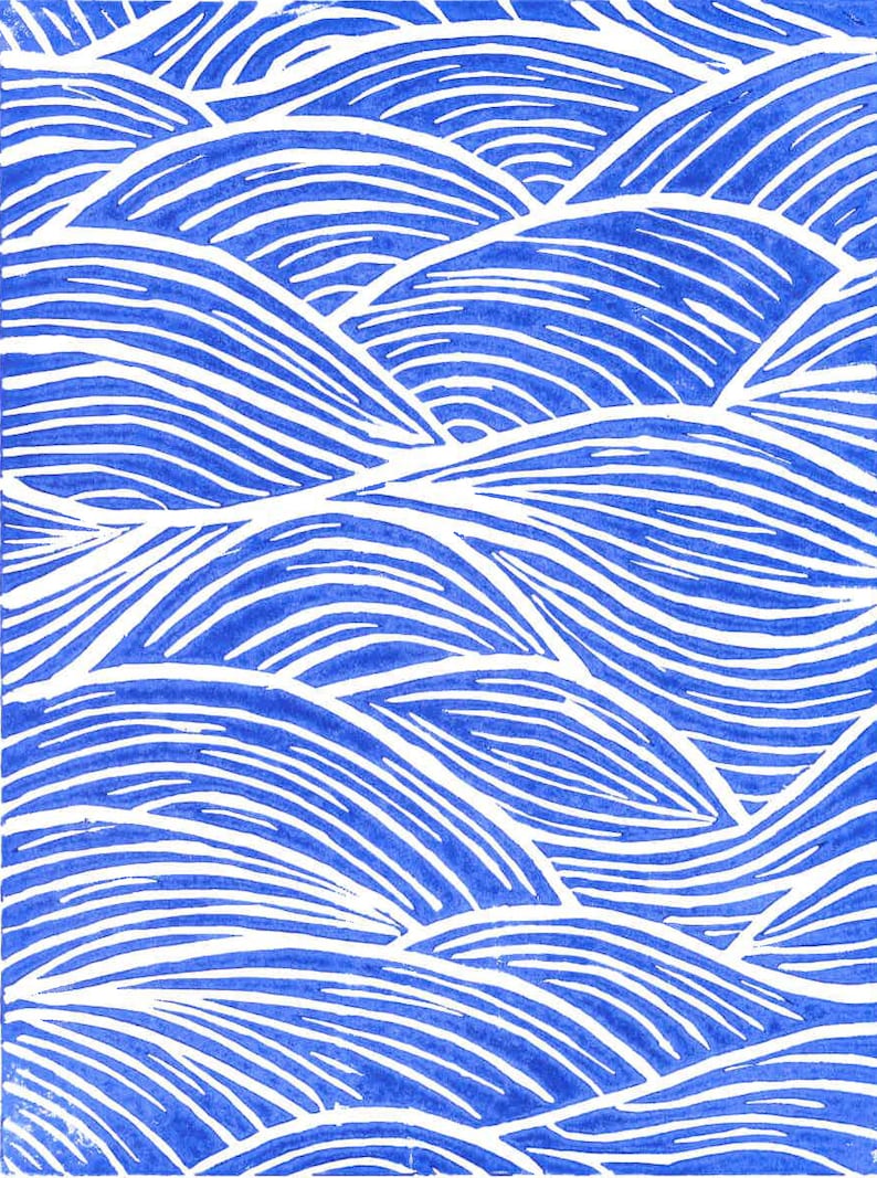 Japanese Waves Linocut print / Lino print/ Ocean Blue Nautical Etsy