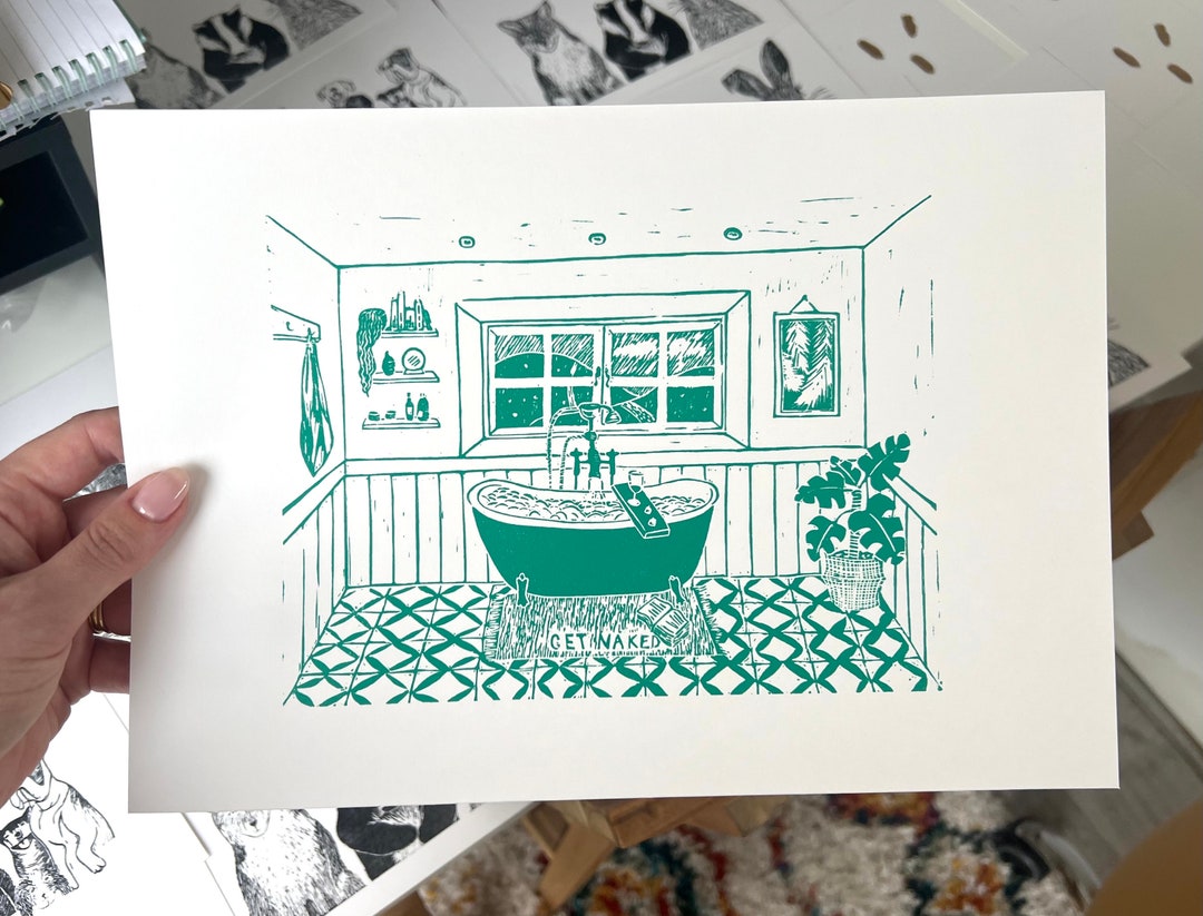 Detailed Bathroom Linocut Print | Handmade Original Bathroom ...