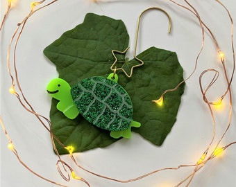 Glitter Green Tortoise and Star Tree Decoration - Turtle Christmas Xmas Festive Hanger - Holiday Gift