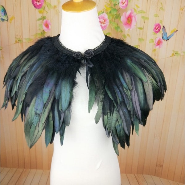 Col ou cape en plumes noires natruales de luxe, col en plumes fantaisie pour événements, costume, cosplay de carnaval