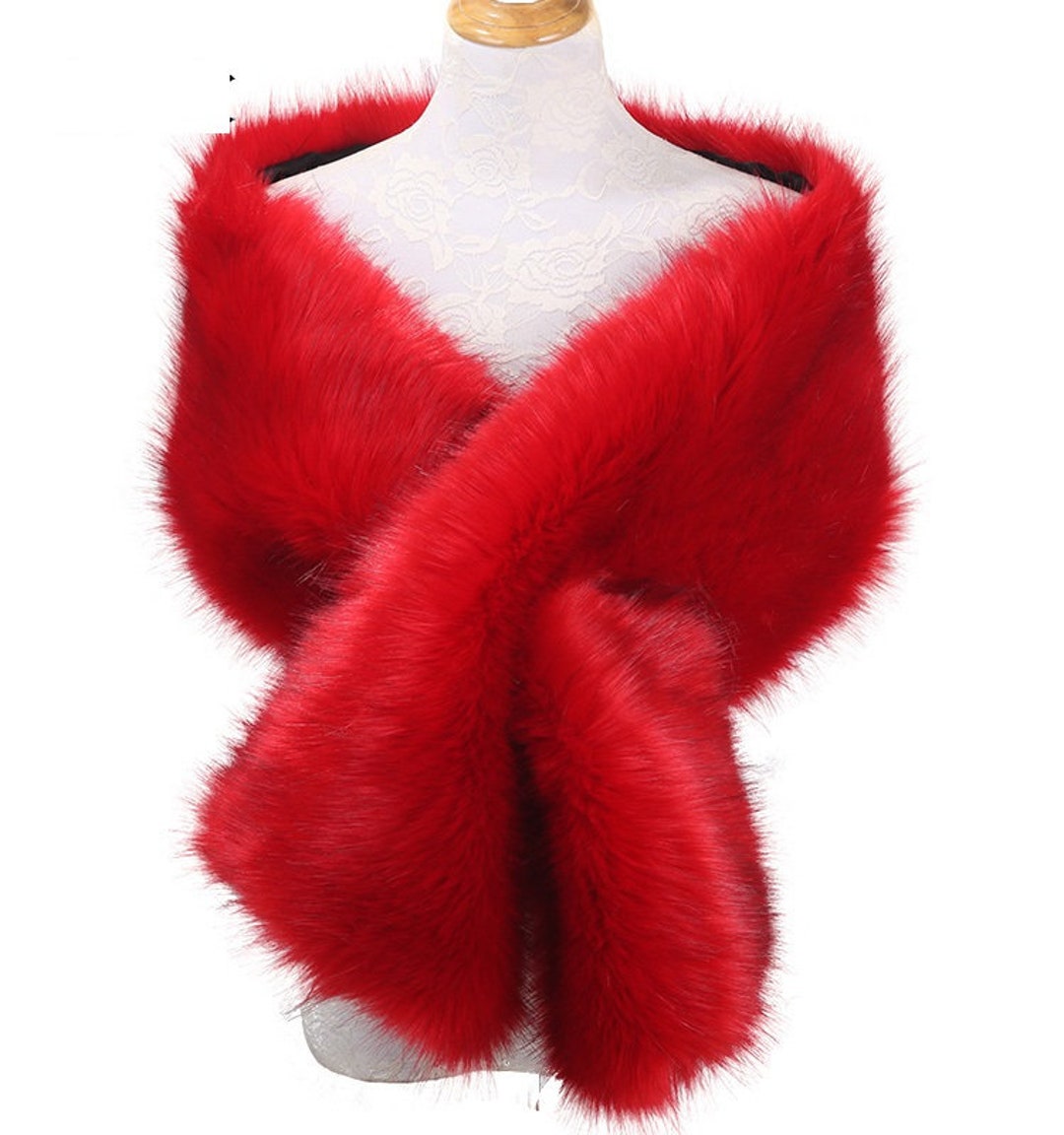Bright Red Long Large Faux Fur Shawl Thick Faux Fur Scarf Imitated