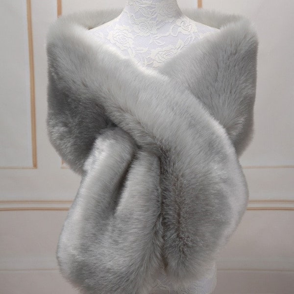 light silver faux fur bridal shawl wrap, Wedding Fur shrug, Fur Wrap, Bridal Faux Fur Stole Fur Shawl Cape