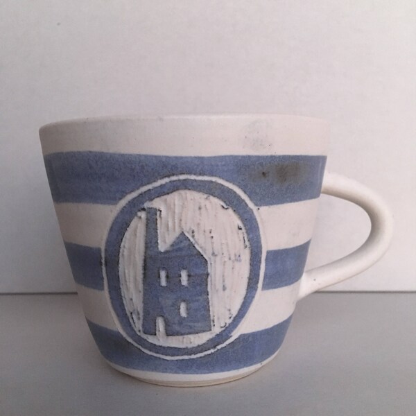 Stoneware pottery mug with Cornish tin mine sgraffito design, stripy blue and white