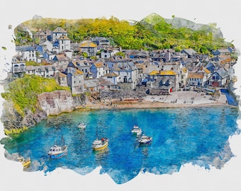 Port Isaac Harbour Print: Cornwall Fishing Village Watercolor (Digital Download)