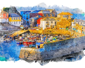 Mevagissey Harbour Cornwall – Digital Watercolour Print from Original Photograph |  download | JPG