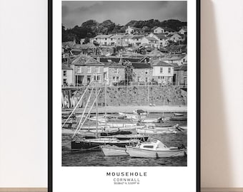 Mousehole Cornwall Print: Retro Black and White Mousehole Travel Poster