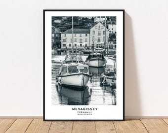 Mevagissey Harbour Print: Retro Black and White Cornish Travel Poster