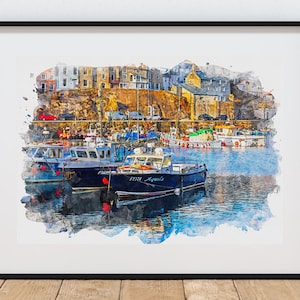 Mevagissey harbour boats - Cornwall. A digital print in watercolour effect from my original Mevagissey harbour photograph | download | JPG