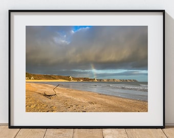 Oxwich Bay Wall art.  Seascape rainbow Print: Oxwich Bay, Gower Peninsula - Coastal Photo