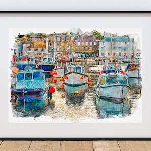 Mevagissey Boats Print – Digital Watercolour Harbour Scene from my original photograph |  download | JPG