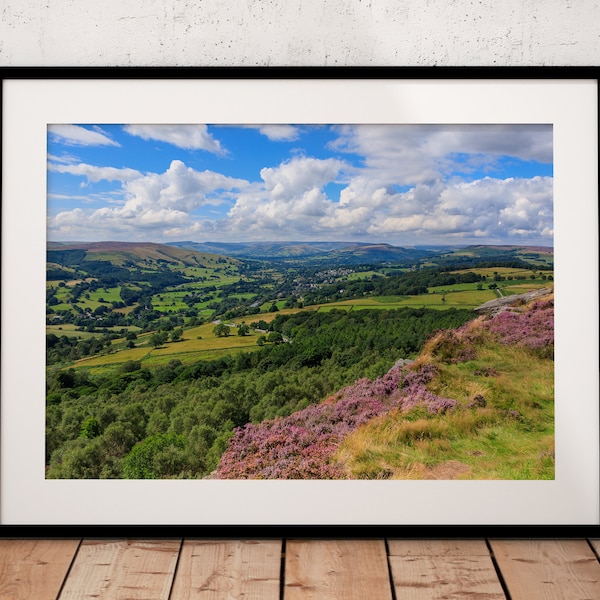 Hope Valley view looking towards Hathersage, Hope and Castleton | Photograph | Derbyshire Peak District | Millstone Edge, Heather