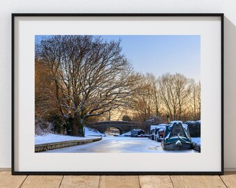 Macclesfield Canal Photograph .  Canal boats at sunset on the frozen Macclesfield canal near Bollington | landscape photo