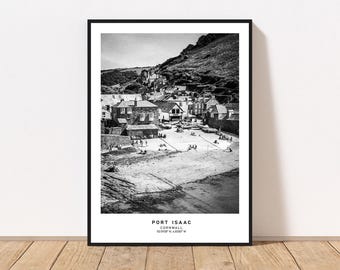 Port Isaac Travel Poster: Vintage Black and White Cornwall Art