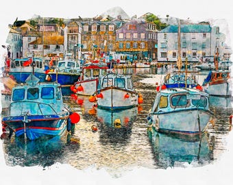 Mevagissey Boats Print – Digital Watercolour Harbour Scene from my original photograph |  download | JPG