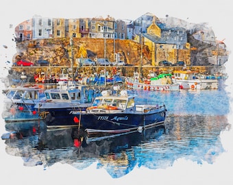 Mevagissey harbour boats - Cornwall. A digital print in watercolour effect from my original Mevagissey harbour photograph | download | JPG