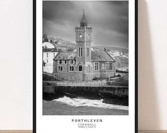 Porthleven   Print: Black and White Travel Poster of Porthleven on a stormy day