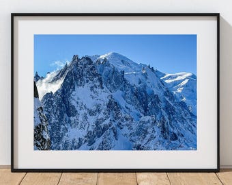 Mont Blanc Photograph. Aiguille du Midi and Dome de Miages mountain summits in winter.