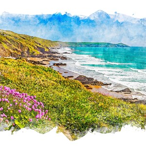 May include: Watercolor painting of a coastal landscape featuring a turquoise ocean, sandy beach, and rocky shoreline. Green and yellow vegetation covers the cliffs, with pink flowers in the foreground. The sky is blue with white clouds.