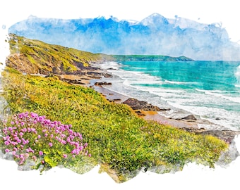 Whitsand Bay Cornwall - digital watercolour  wall art - download landscape photography