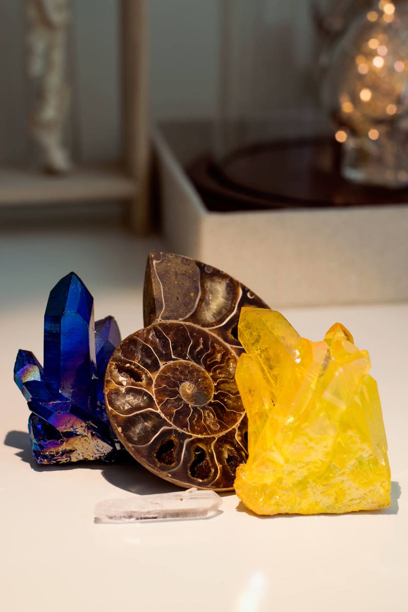 May include: A collection of three crystals: a blue iridescent crystal cluster, a yellow crystal cluster, and a brown fossilized ammonite.