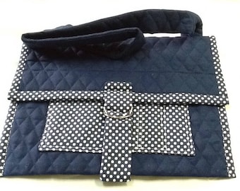 Ipad tote, blue, white, polka dot, notebook, quilted.