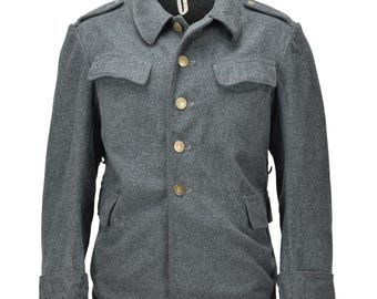 Swiss Military Field Jacket Vintage Buttoned Shoulder Epaulets Wool Gray