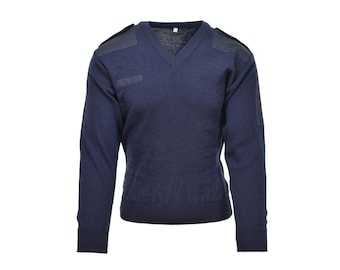 Genuine Dutch army Pullover V-neck blue rib knit military surplus sweater jumper