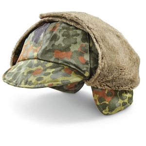 Genuine German Army Military Winter Pile Cap flecktarn hat warm cold weather