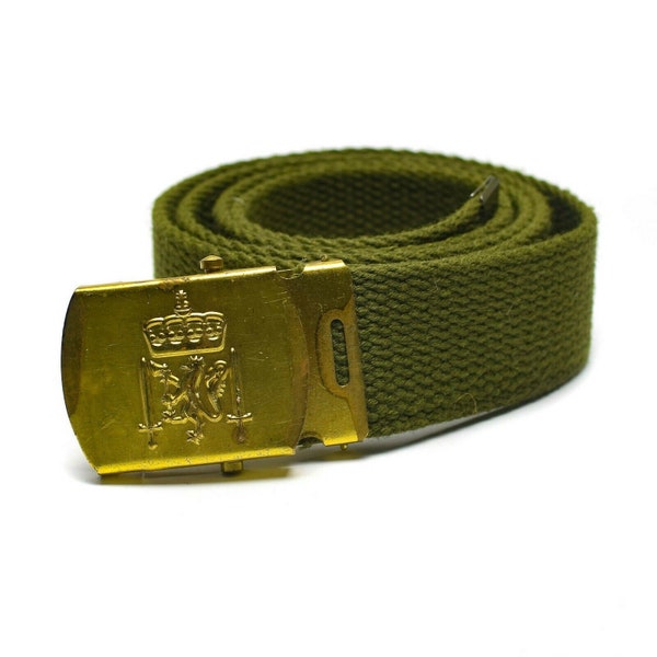 Ceinture vert olive originale de l'armée norvégienne en toile militaire avec boucle armée royale de Norvège NEUF