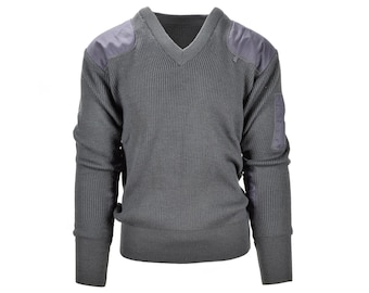 Italian Military pullover gray wool commando V-neck sweater reinforced elbows military surplus army issue