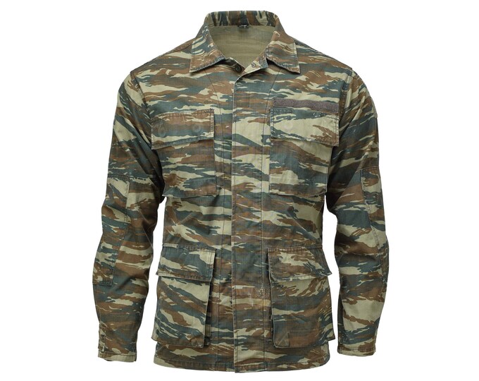 Greek Army Camouflage Pattern Lizard Camo BDU Military Jacket Men's XL polyester Khaki type Vintage Second Hand