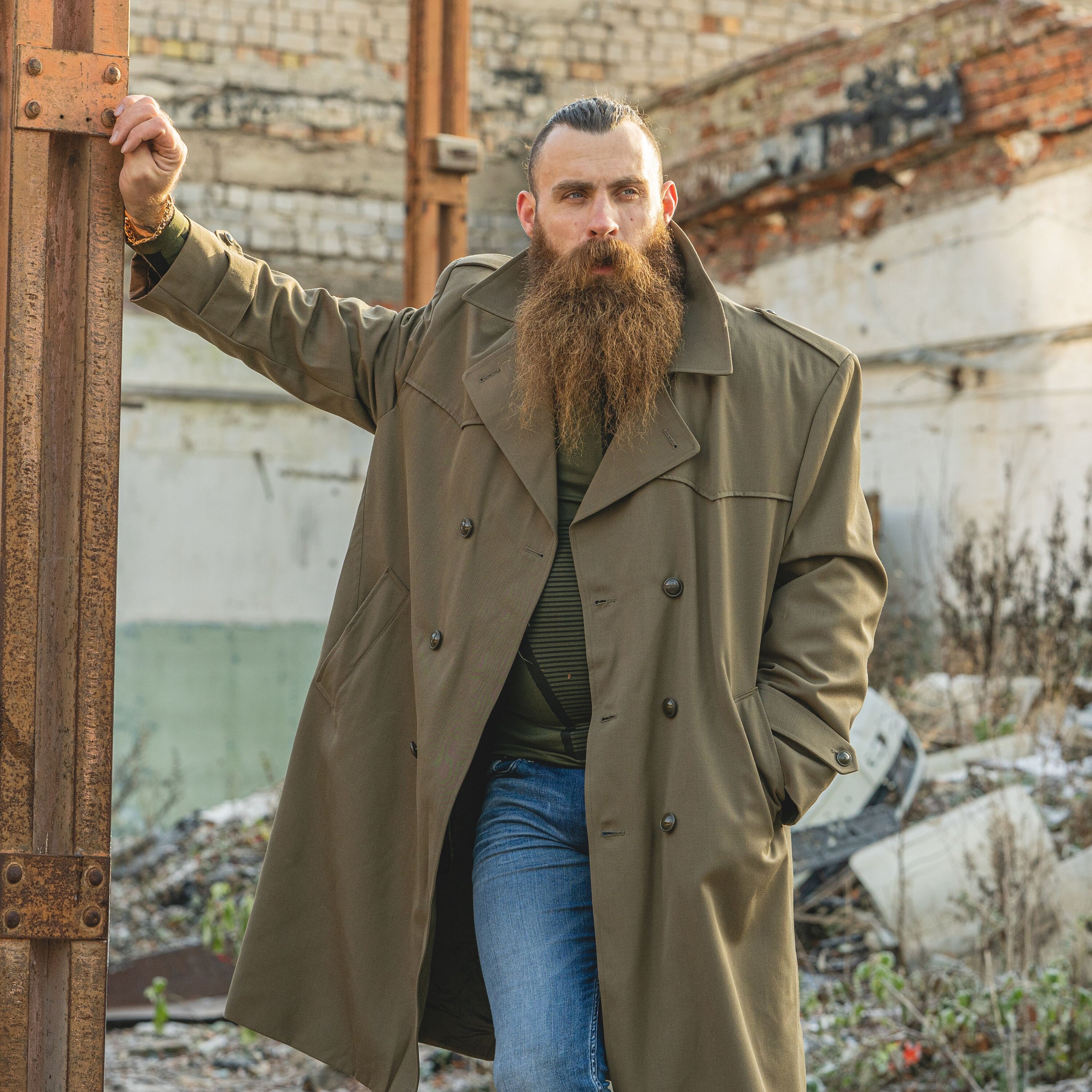 Original Italian Army Trenchcoat Khaki Blue Plain Color Raincoat
