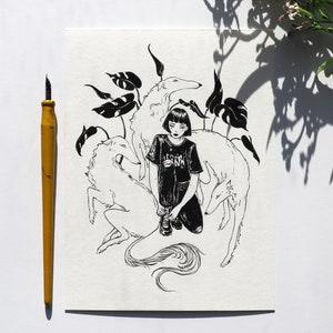 La niña y los borzois - Impresión de ilustración en tinta
