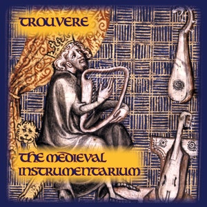 May include: A medieval troubadour plays a harp, with other musical instruments visible in the background. The text "The Medieval Instrumentarium" is displayed in yellow on a gold background.