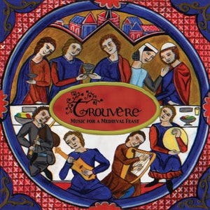May include: A medieval-style illustration of a group of people gathered around a table, playing music. The illustration is in a circular frame with a red and gold background. The text "Trouvère Music for a Medieval Feast" is displayed in the center of the image.